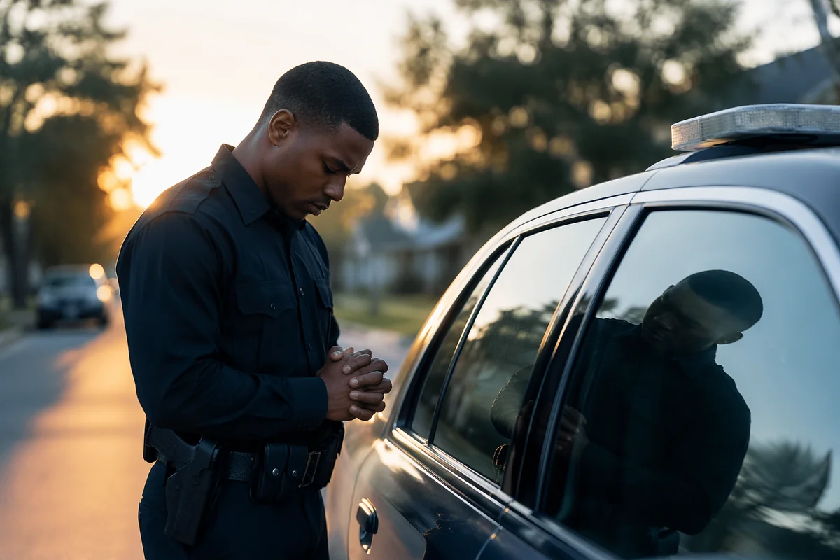 Police Officer Praying Beside Patrol Car