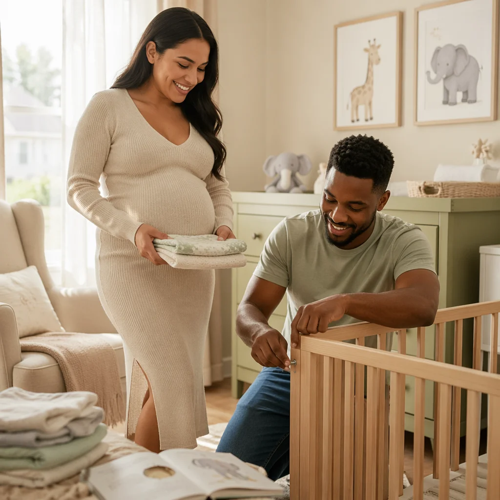 Expectant Couple Preparing Bright Baby Nursery