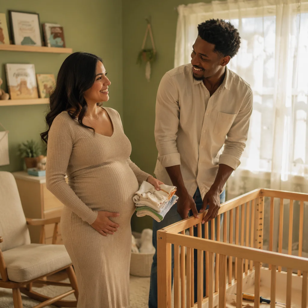 Expectant Couple Assembling Crib in Nursery
