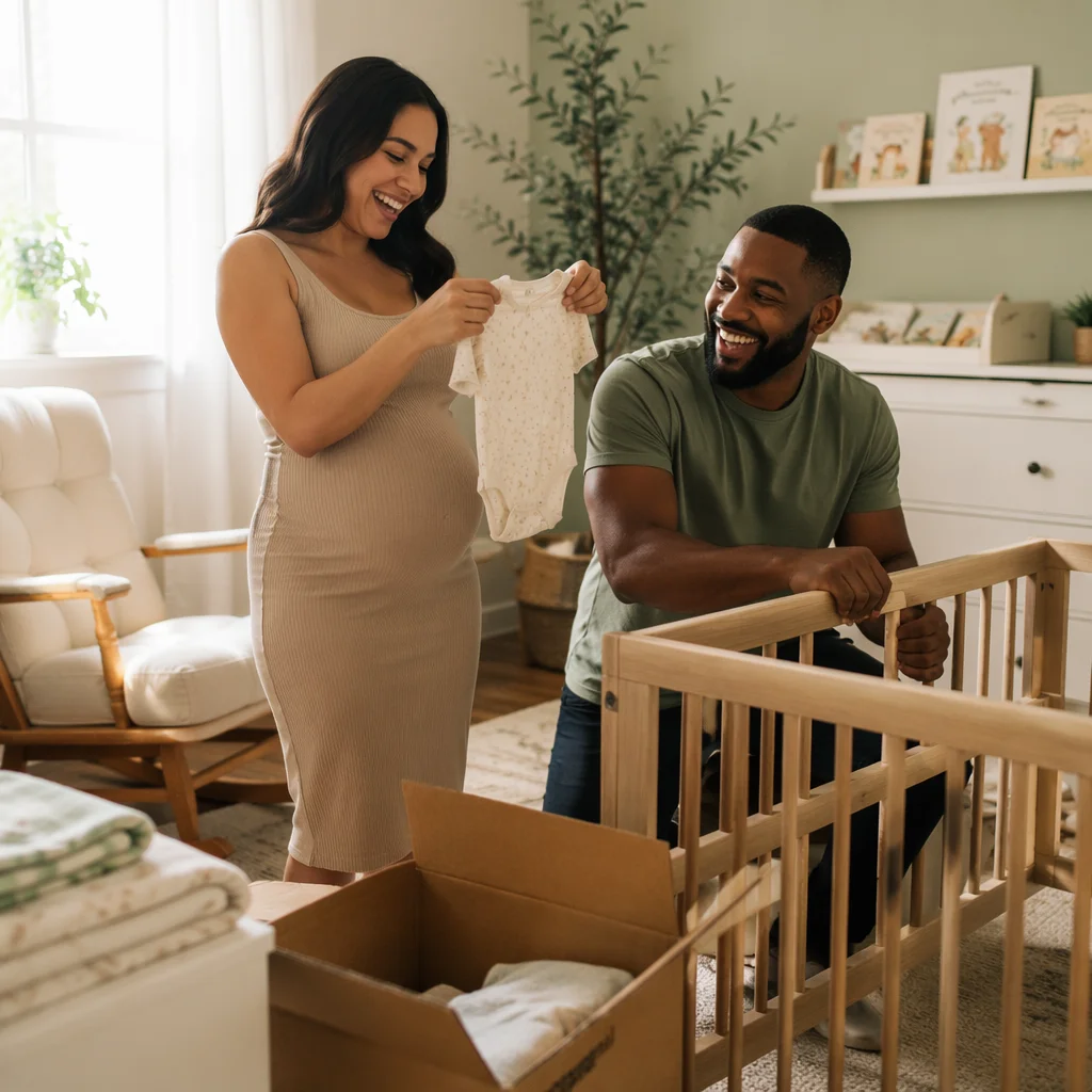 Expectant Couple Preparing Cozy Baby Nursery
