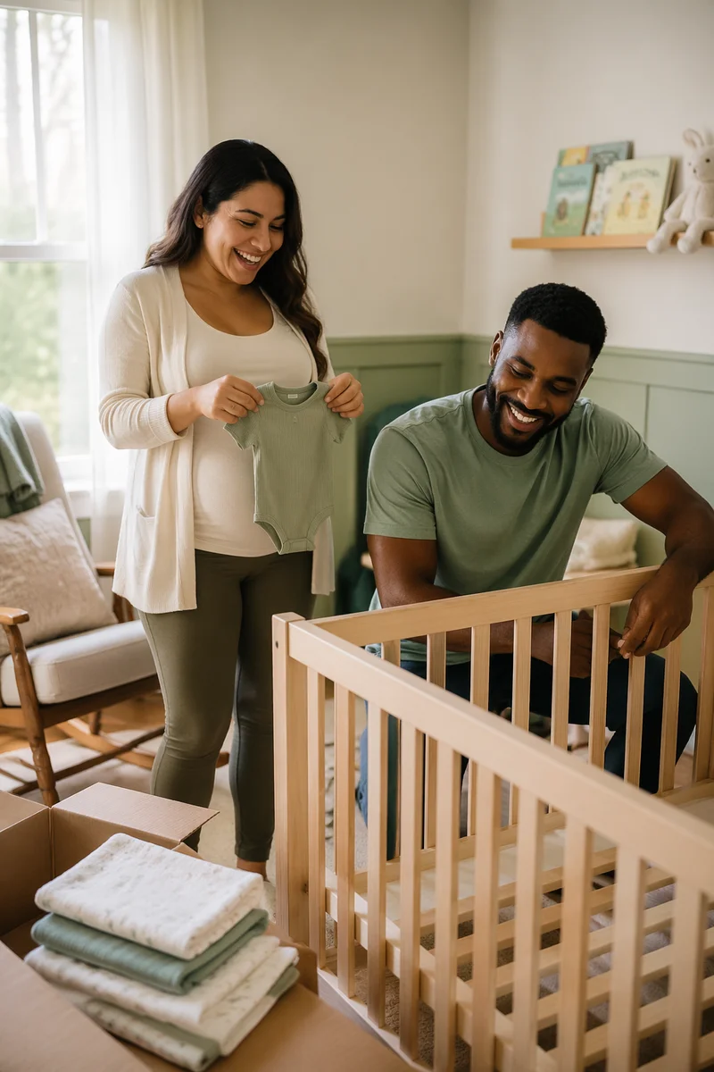 Expectant Couple Preparing Cozy Baby Nursery