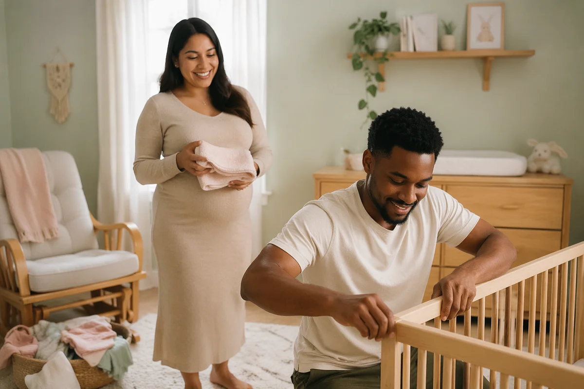 Expectant Couple Preparing Bright Baby Nursery