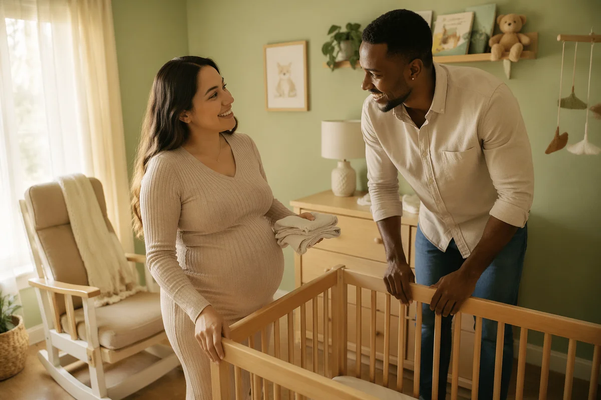 Expectant Couple Assembling Crib in Bright Nursery