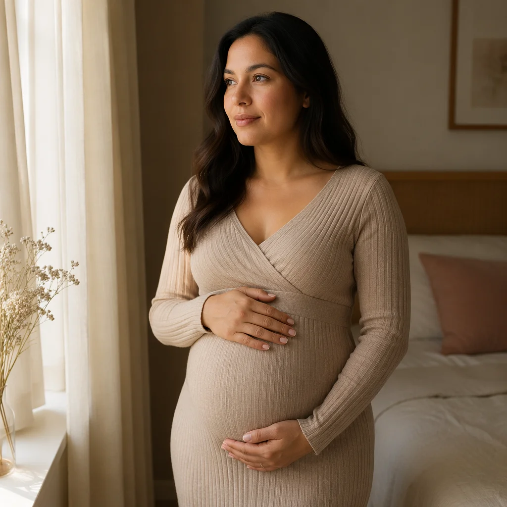 Pregnant Woman by Sunlit Bedroom Window
