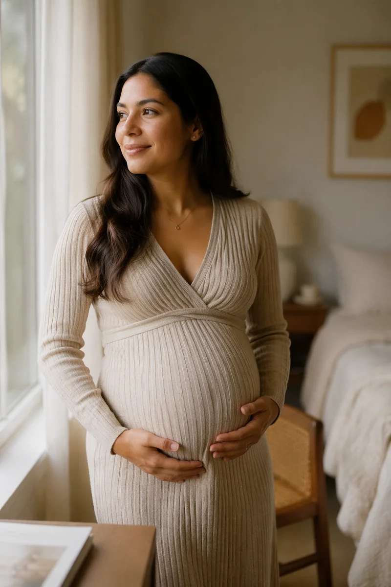Pregnant Woman by Sunlit Bedroom Window
