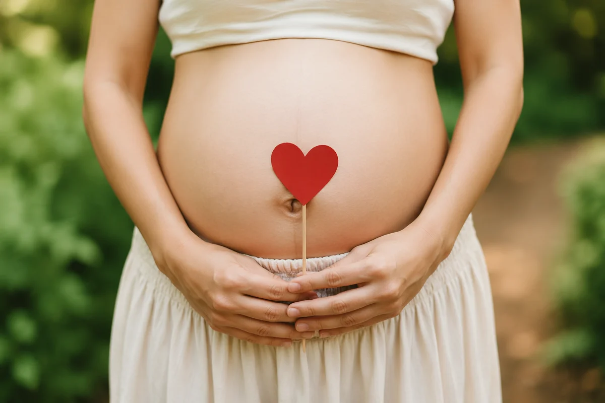Pregnant Woman Holding Red Heart Outdoors