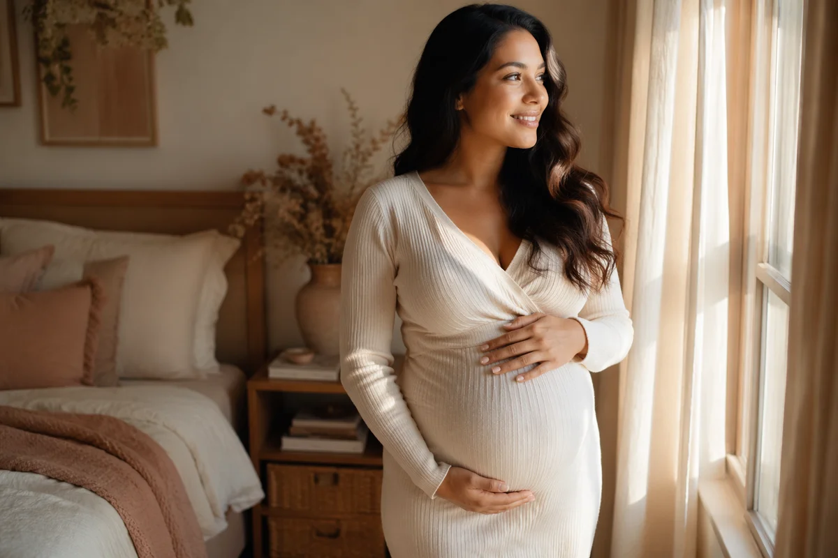 Pregnant Woman by Sunlit Bedroom Window