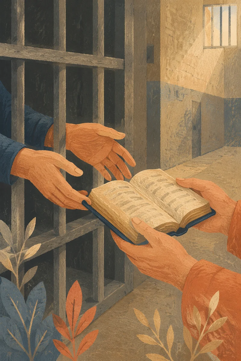 Hands Reaching for Bible Through Bars