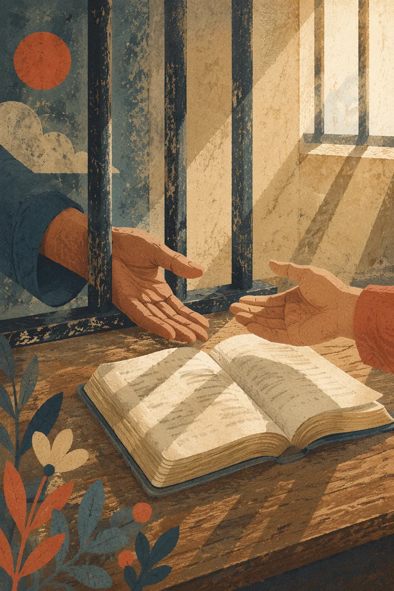 Hands Reaching Through Bars Toward Bible