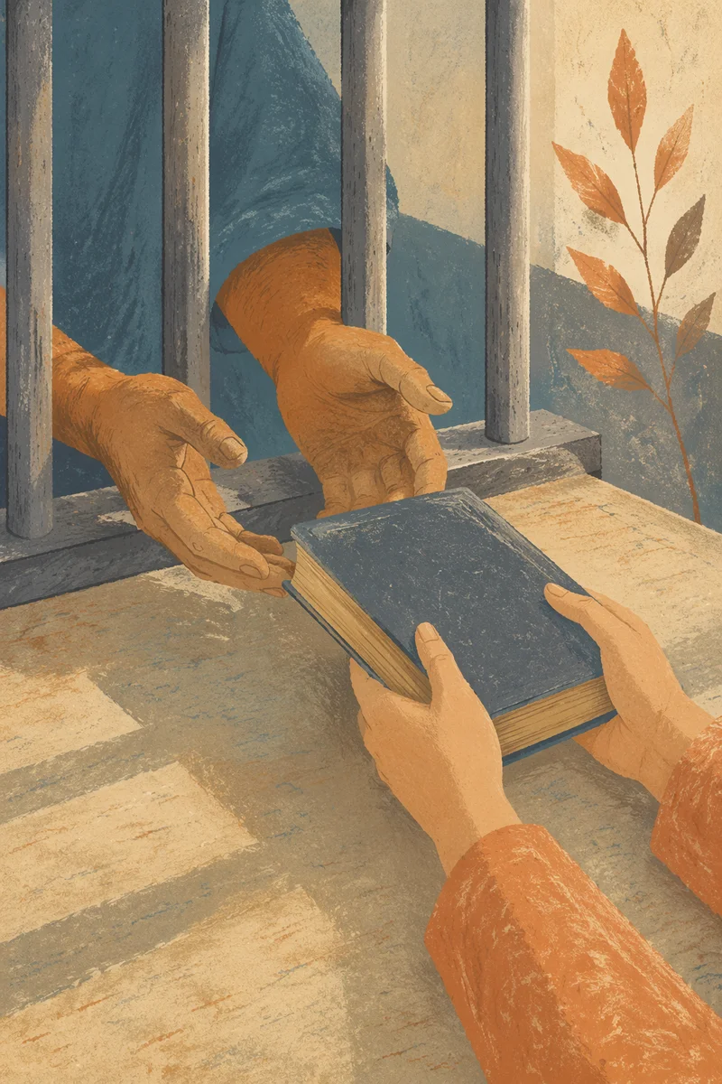 Hands Reaching for Bible Through Prison Bars