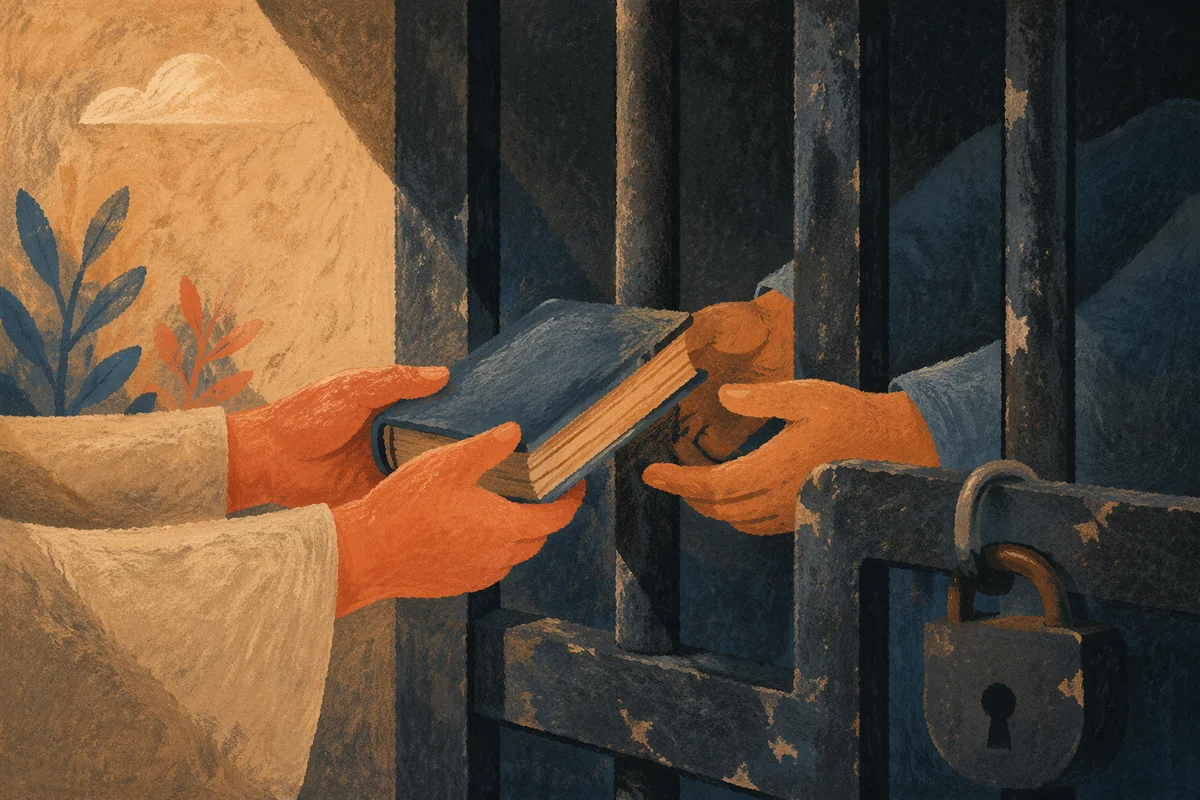Hands Offering Bible Through Prison Bars