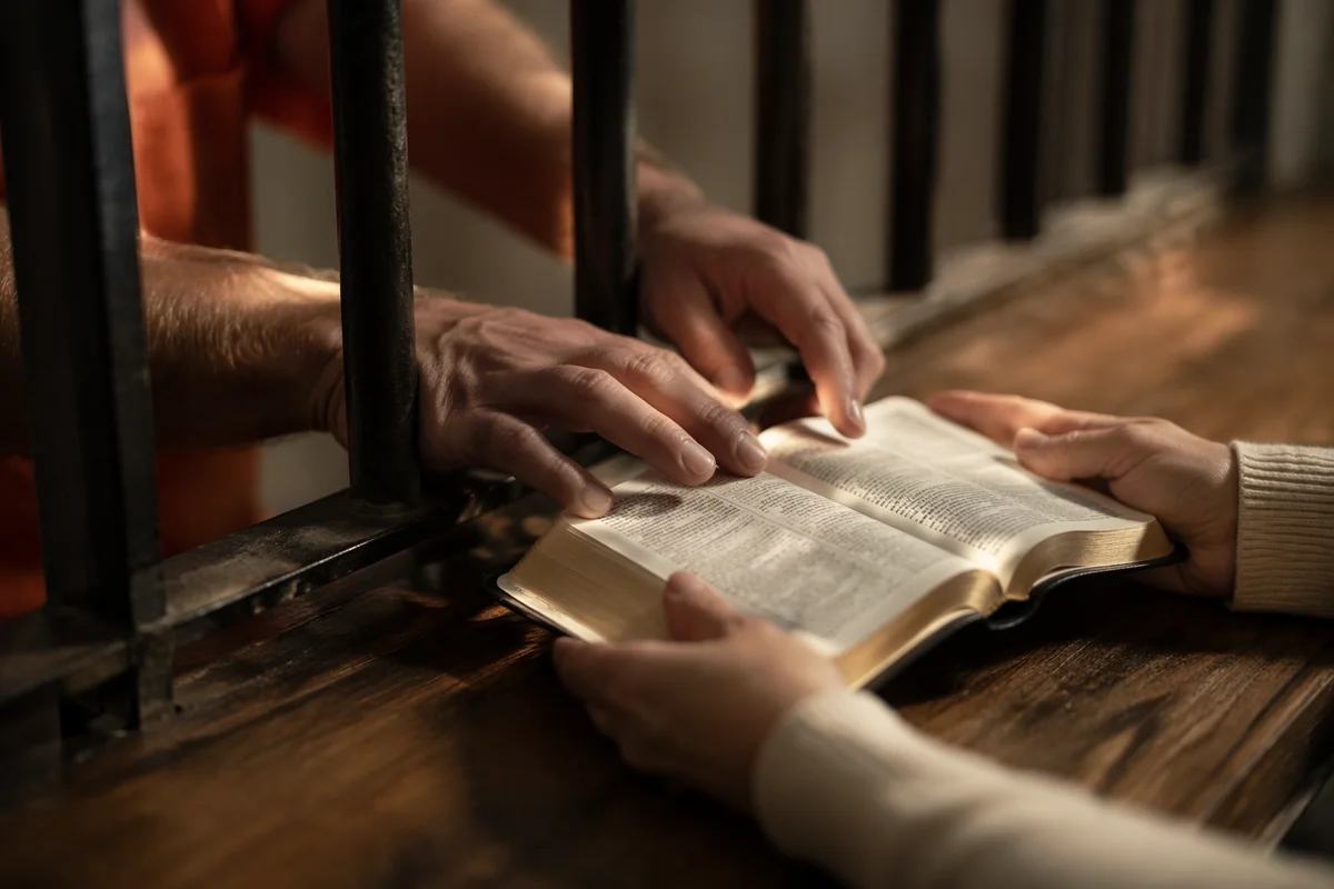 Hands Reaching Through Bars to Bible