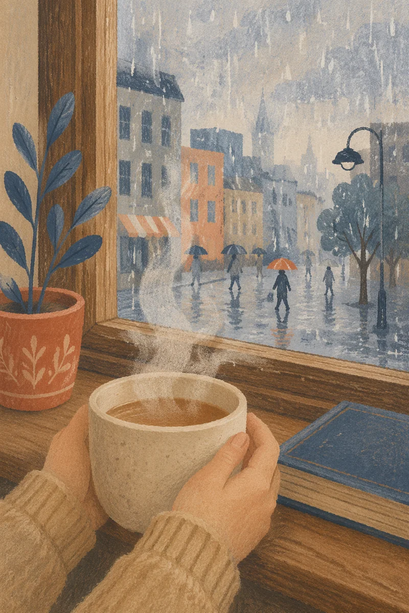 Cozy Rainy Window Morning with Hot Mug