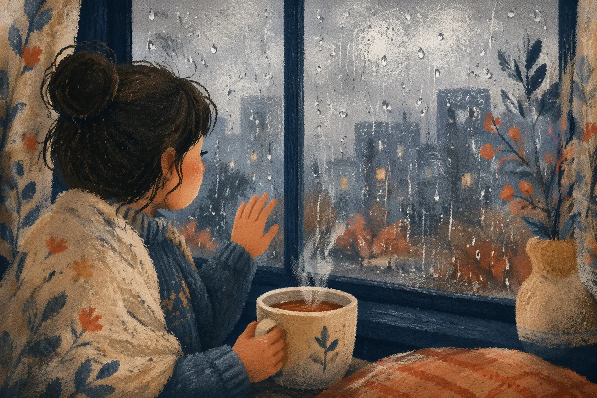 Rainy Window Reflection With Warm Mug
