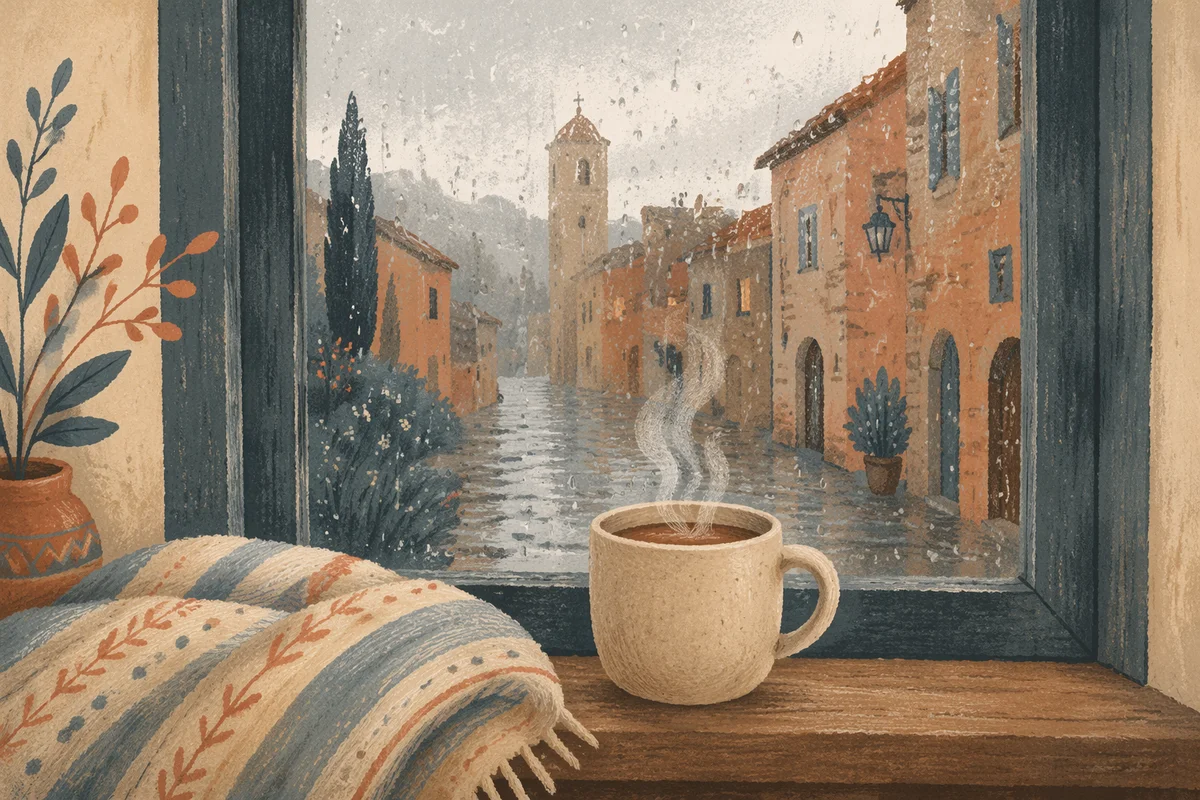 Cozy Rainy Window with Steaming Mug