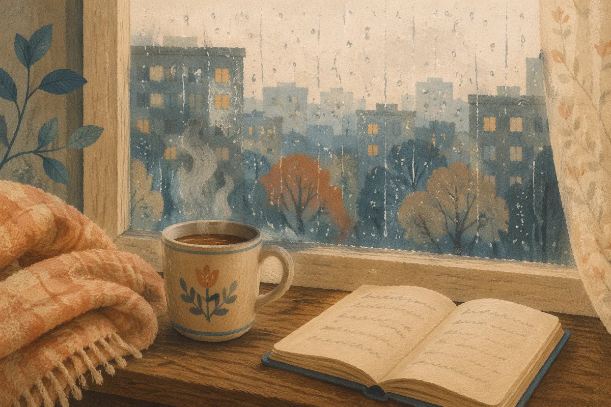Cozy Rainy Window View with Hot Drink