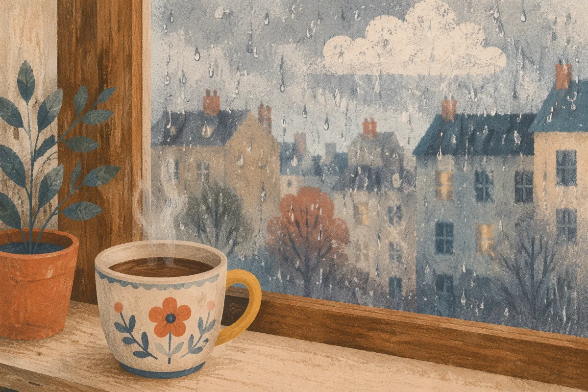 Cozy Rainy Window View with Hot Drink