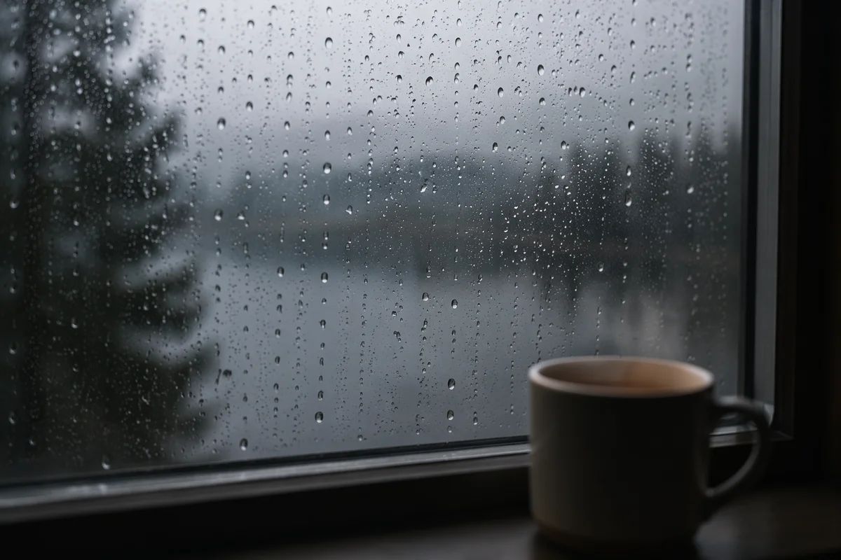 Cozy Rainy Window with Steaming Mug