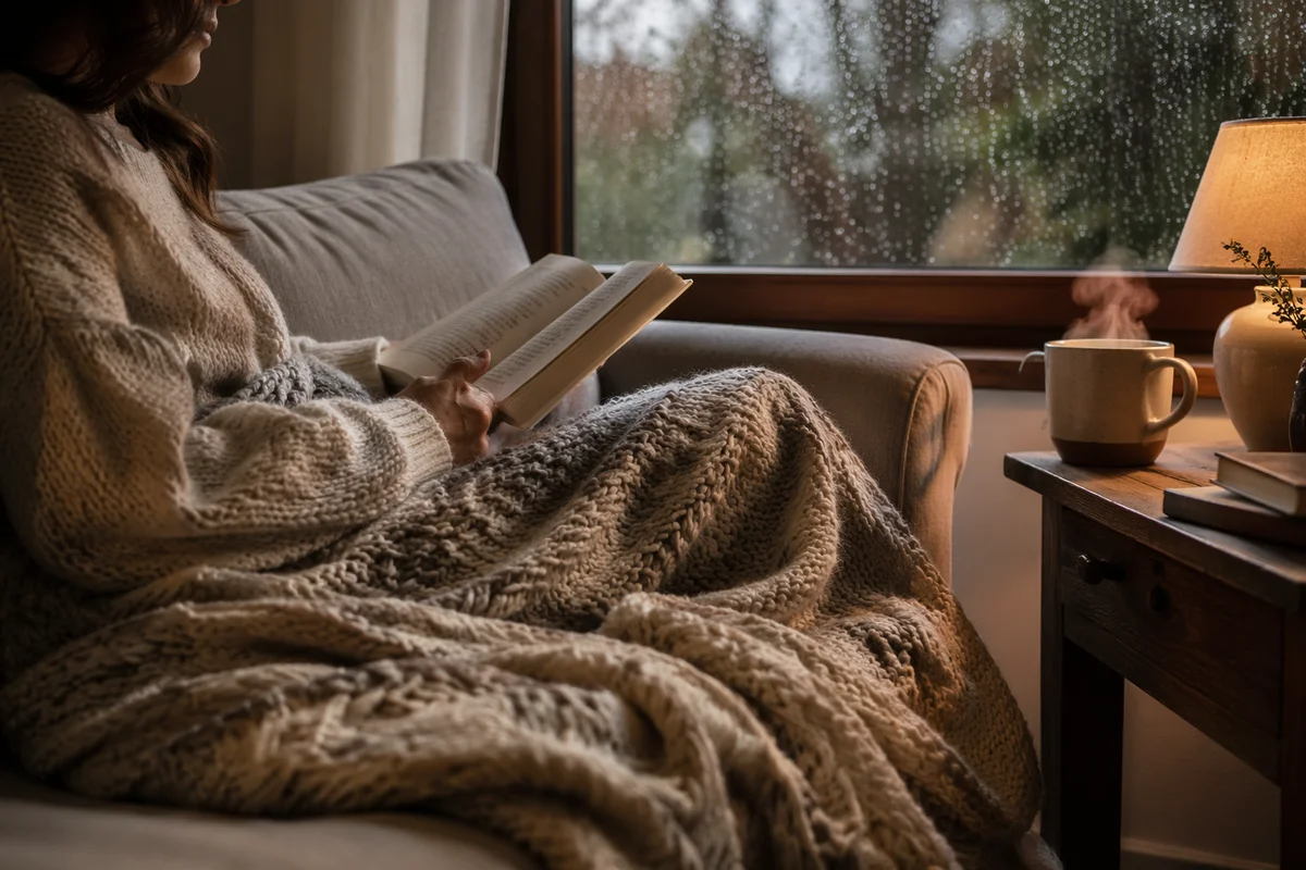 Cozy Rainy Afternoon Reading on Sofa
