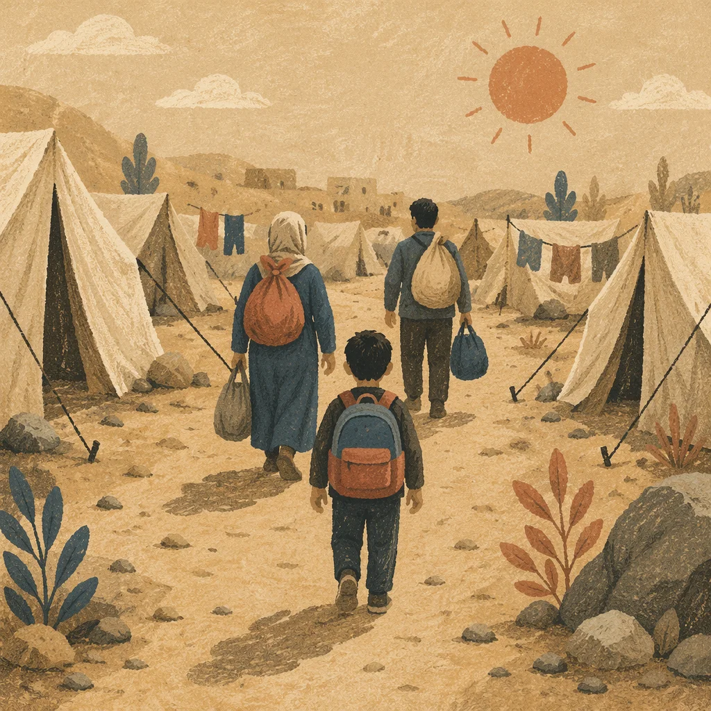 Refugee Family Walking Through Tent Settlement
