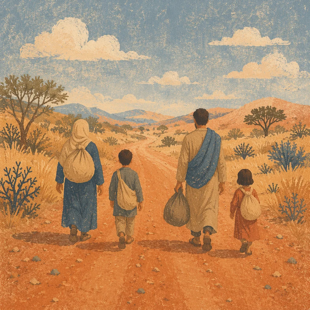Refugee Family on Dusty Rural Road