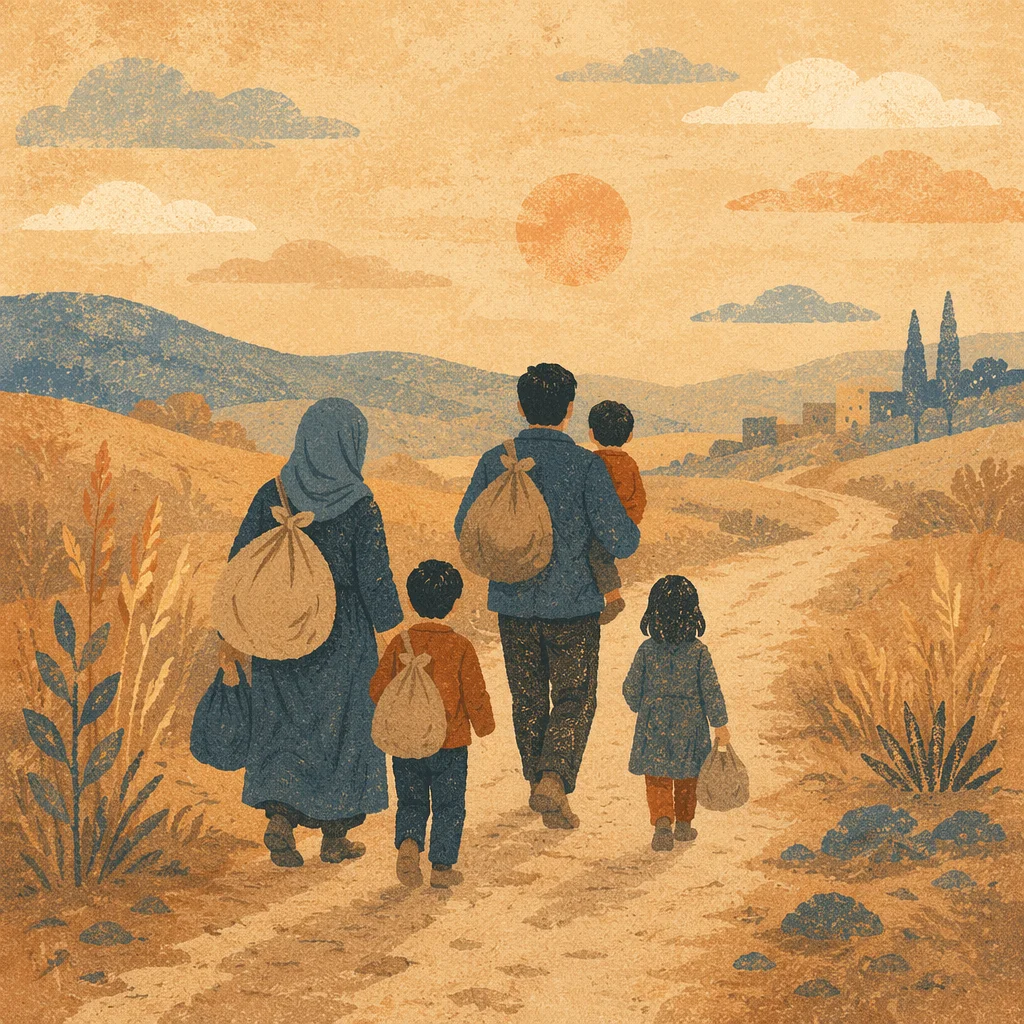 Refugee Family on Dusty Rural Road