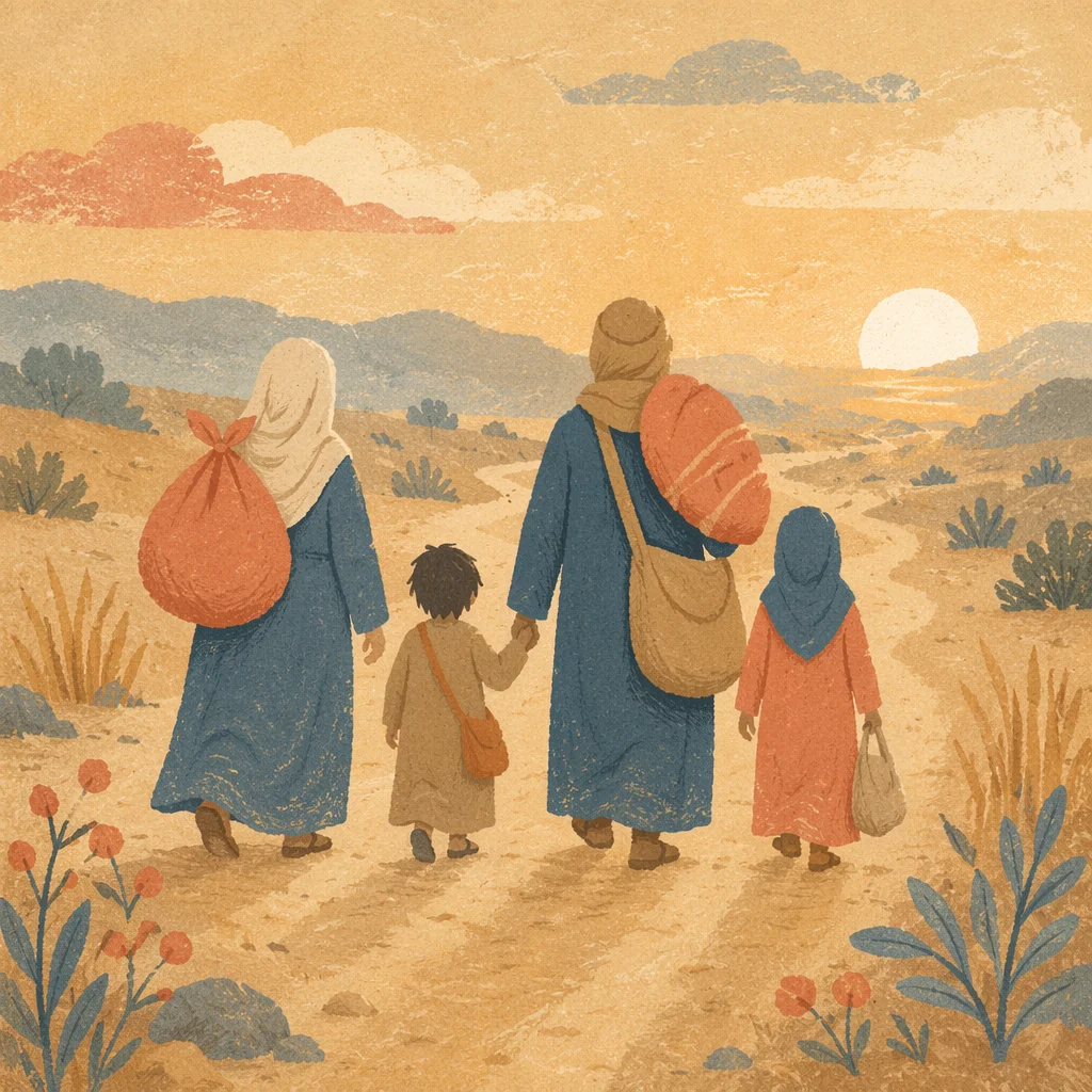 Refugee Family on Dusty Sunrise Road