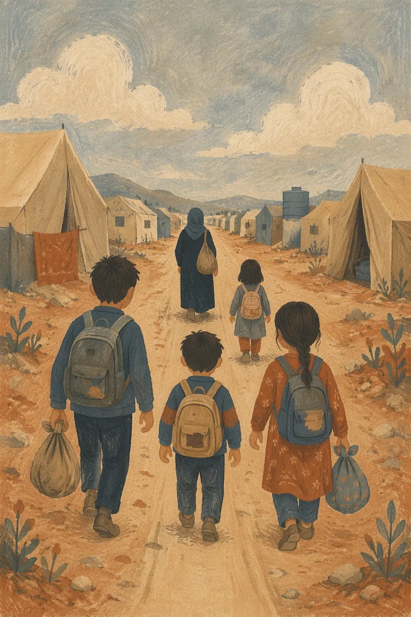 Refugee Family on Dusty Shelter Road
