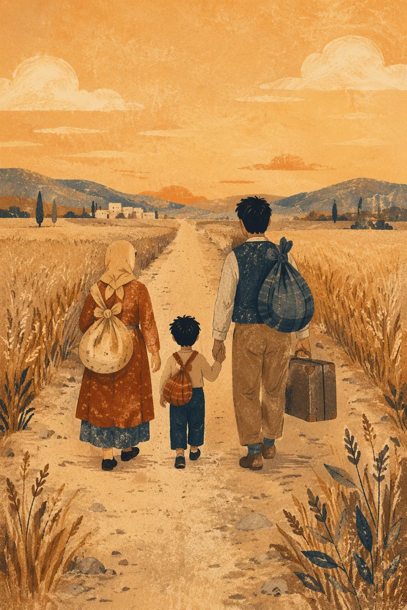 Refugee Family Walking Dusty Wheat Field Road