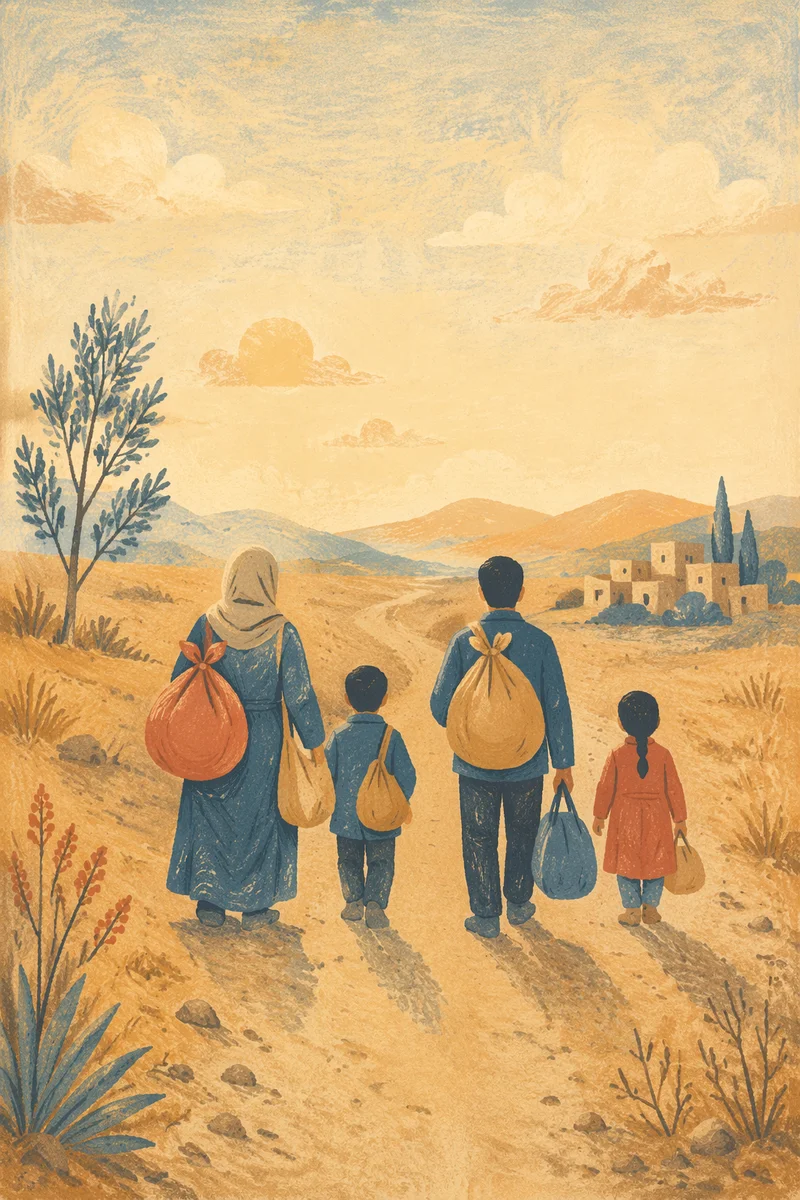 Refugee Family on Dusty Morning Road