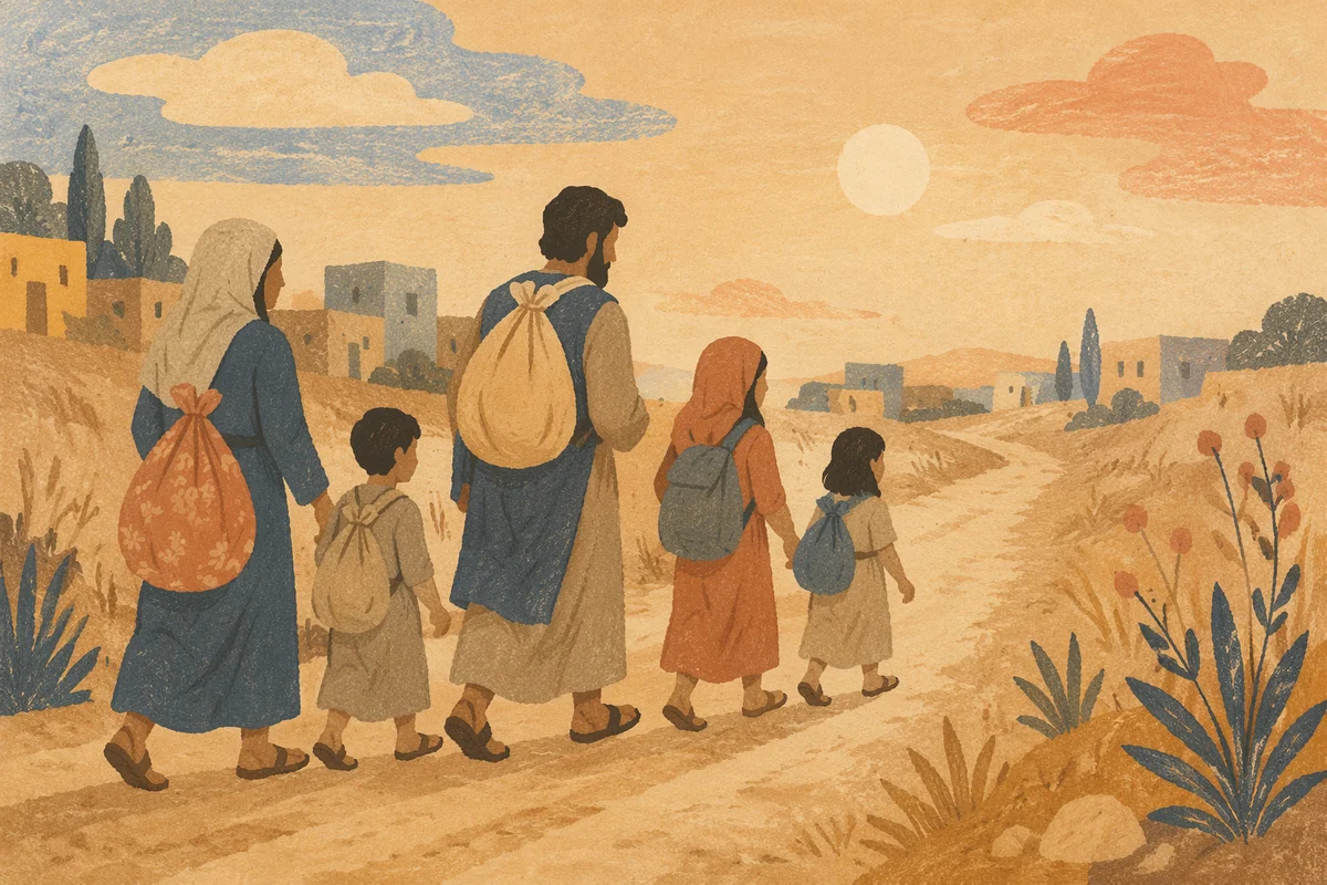 Refugee Family Walking a Dusty Rural Road