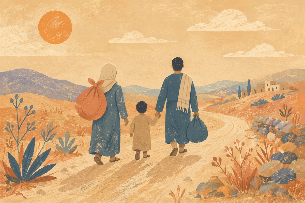 Refugee Family Walking a Dusty Road