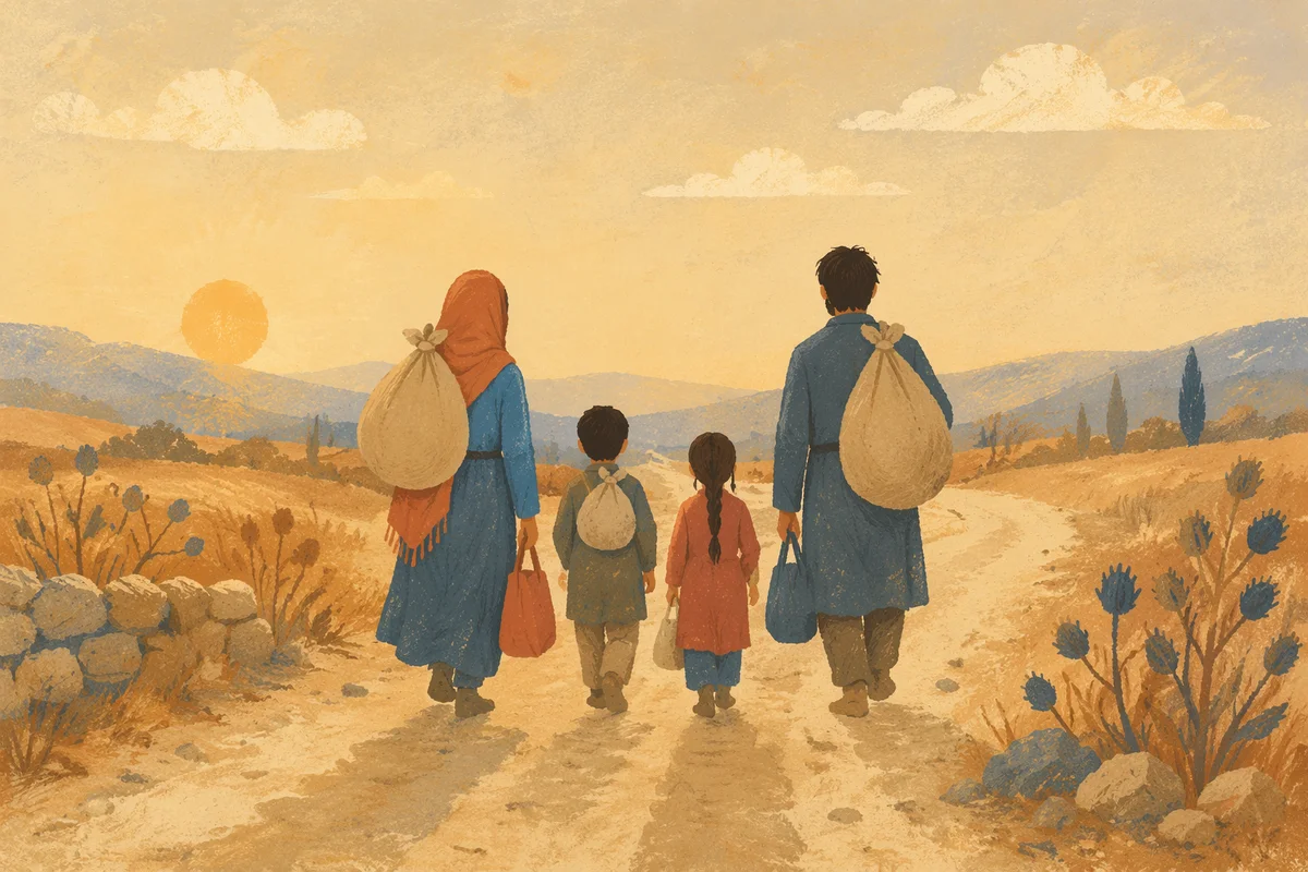 Refugee Family Walking a Dusty Morning Road