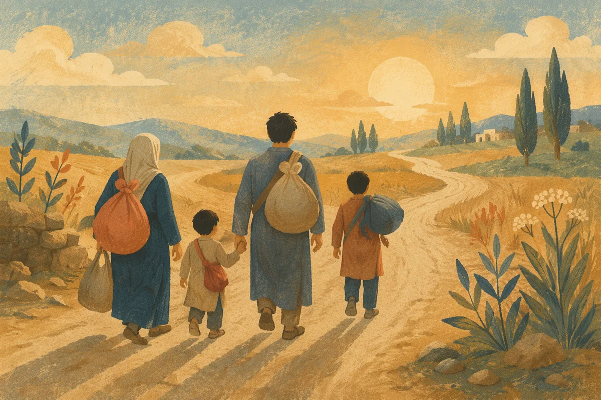 Refugee Family on Dusty Morning Road