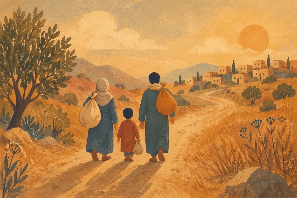 Refugee Family Walking Dusty Rural Road