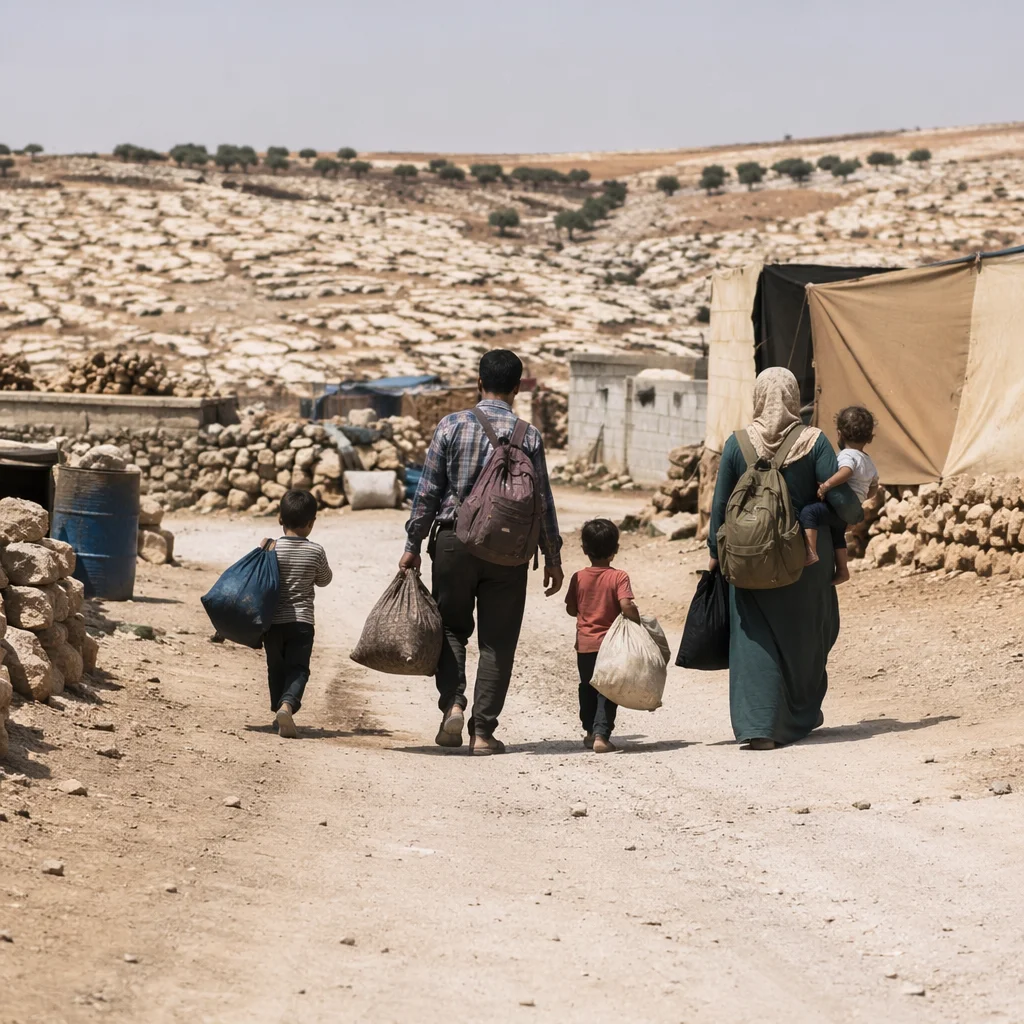 Refugee Family Walking Dusty Rural Road