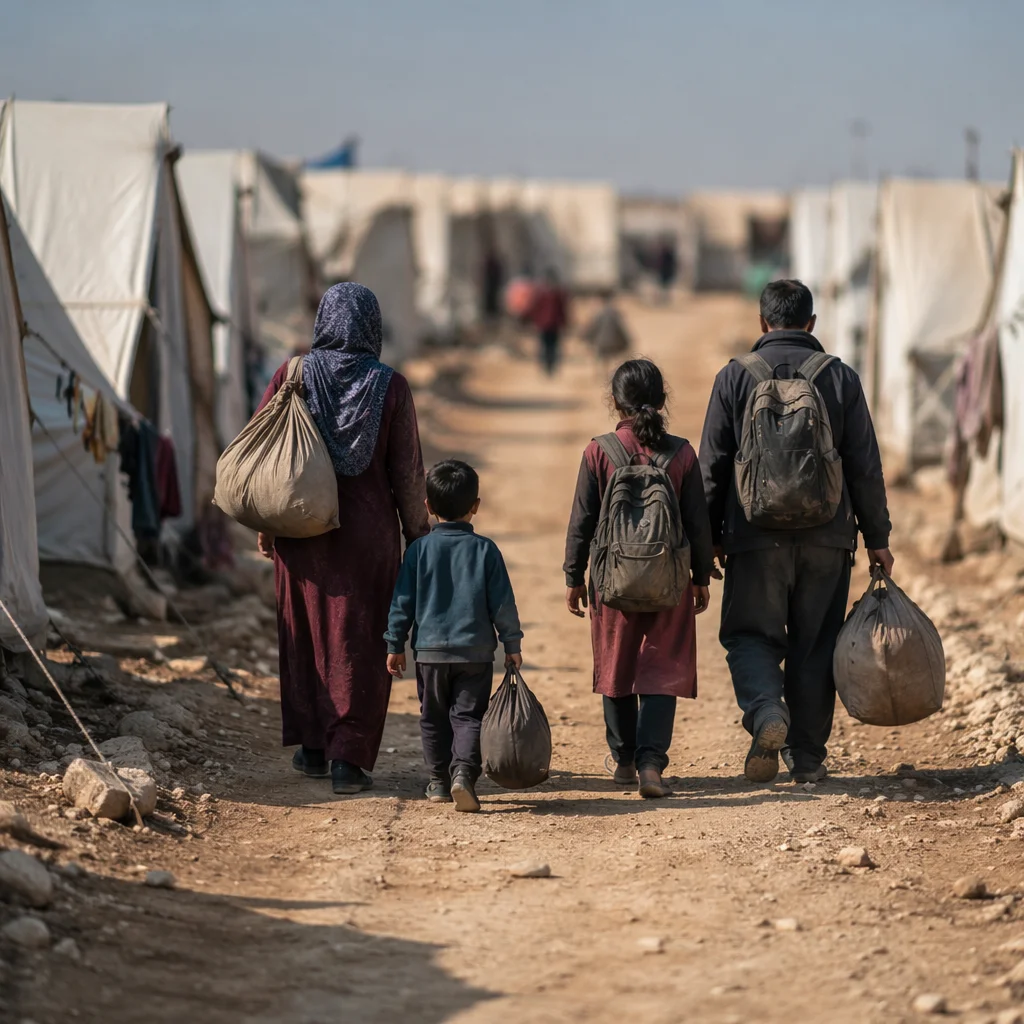 Refugee Family Walking Through Shelter Camp