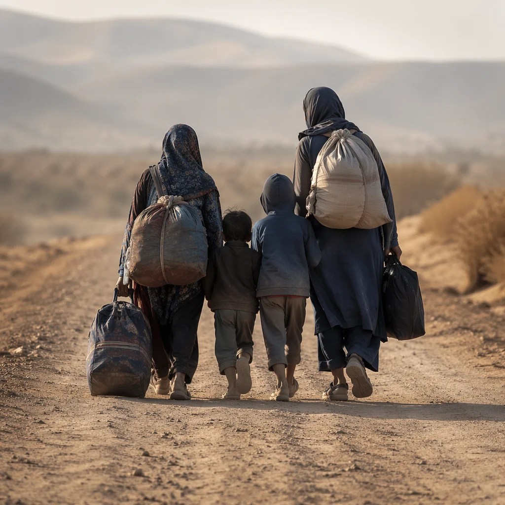 Refugee Family Walking a Dusty Rural Road