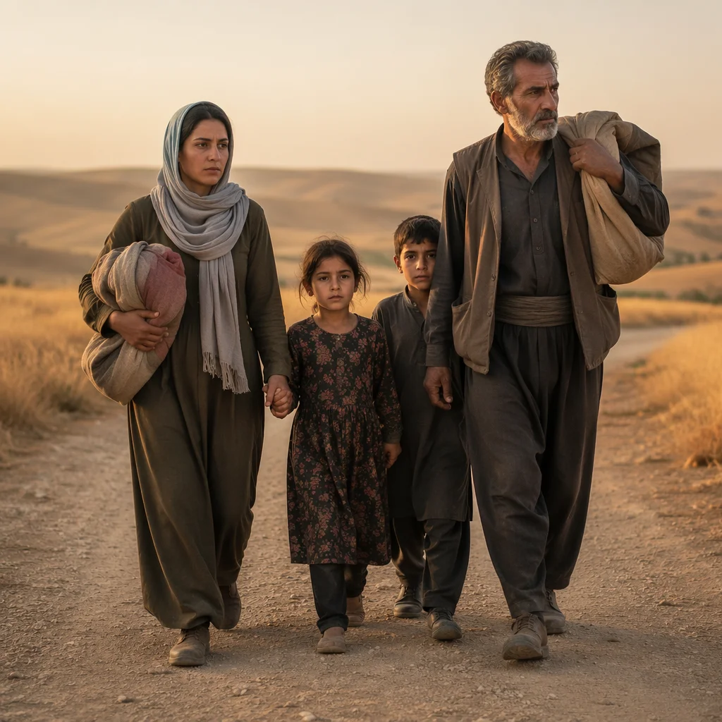 Refugee Family Walking Dusty Rural Road