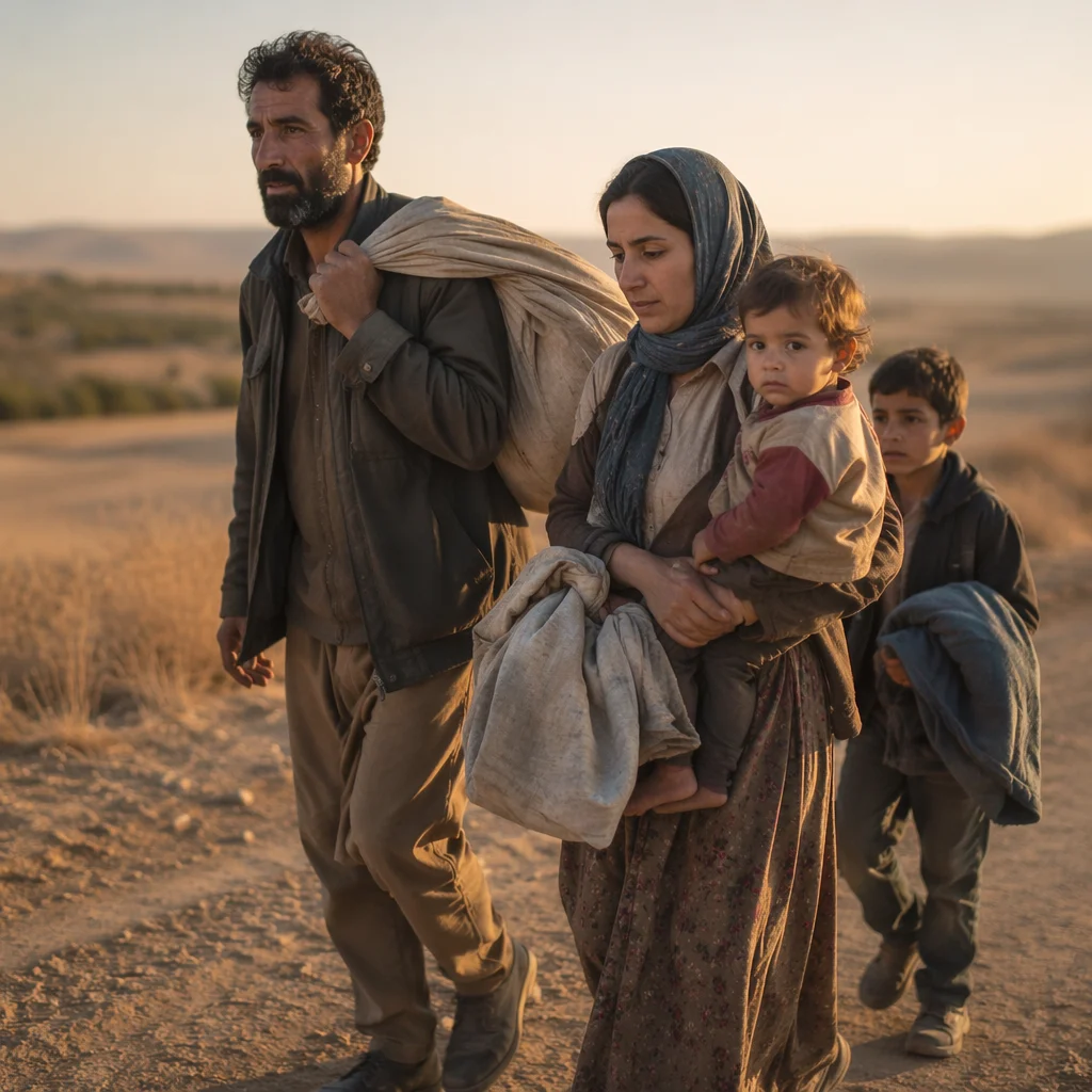 Refugee Family Walking on Dusty Road