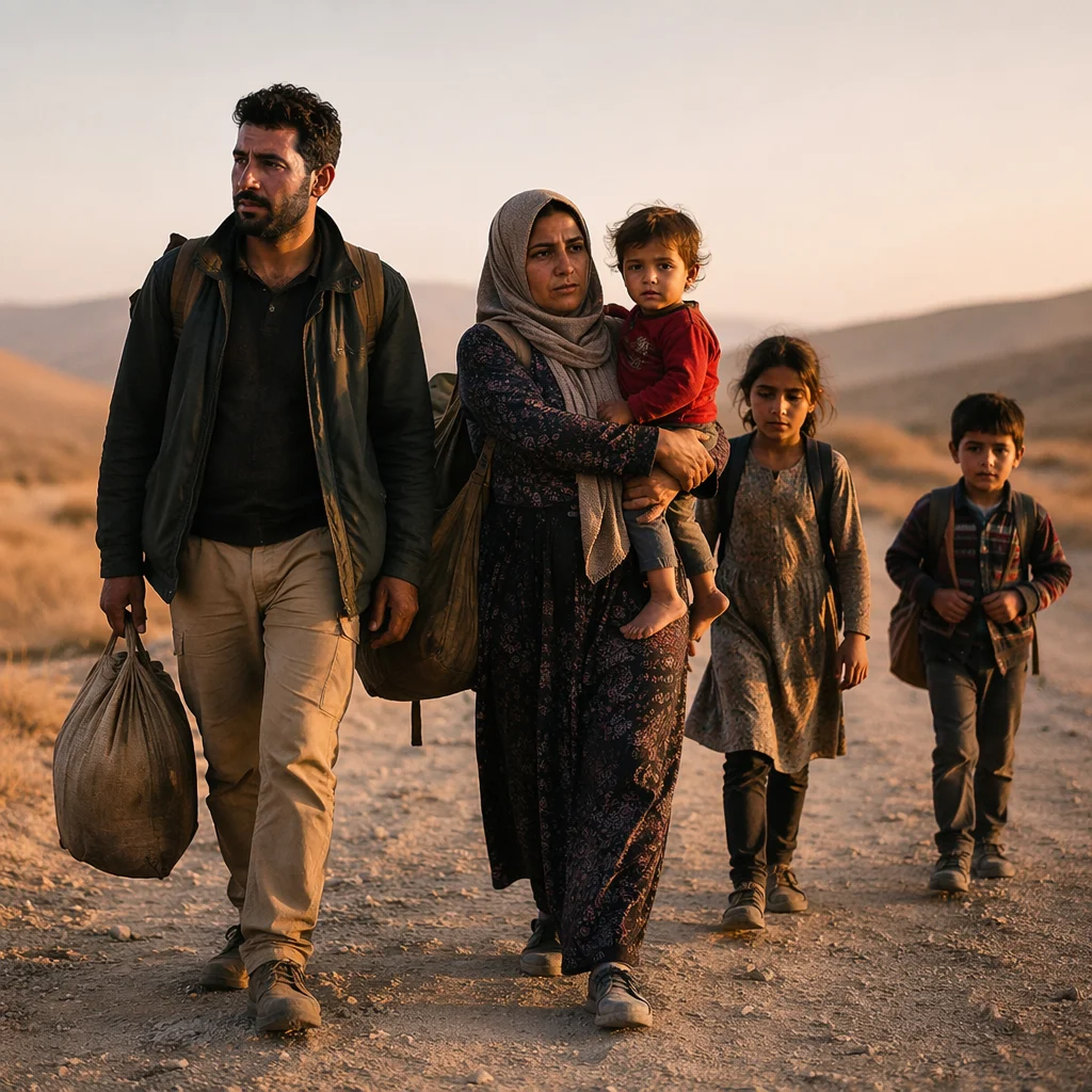 Refugee Family Walking on Dusty Road