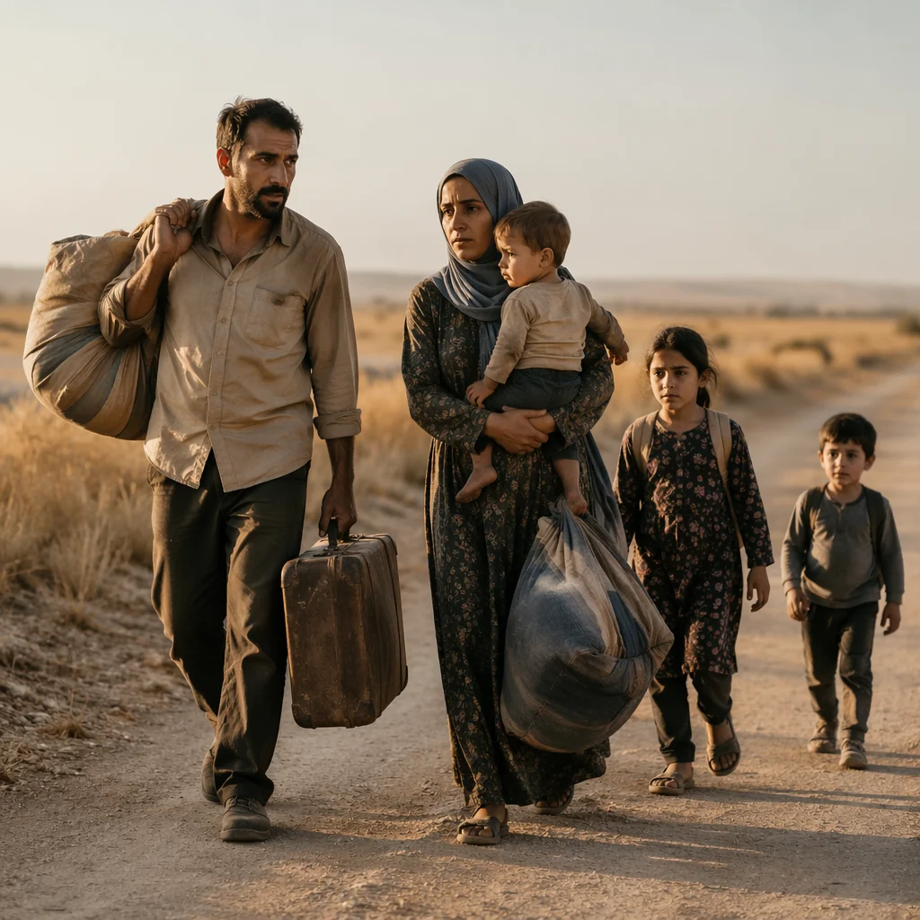 Refugee Family Walking Dusty Rural Road
