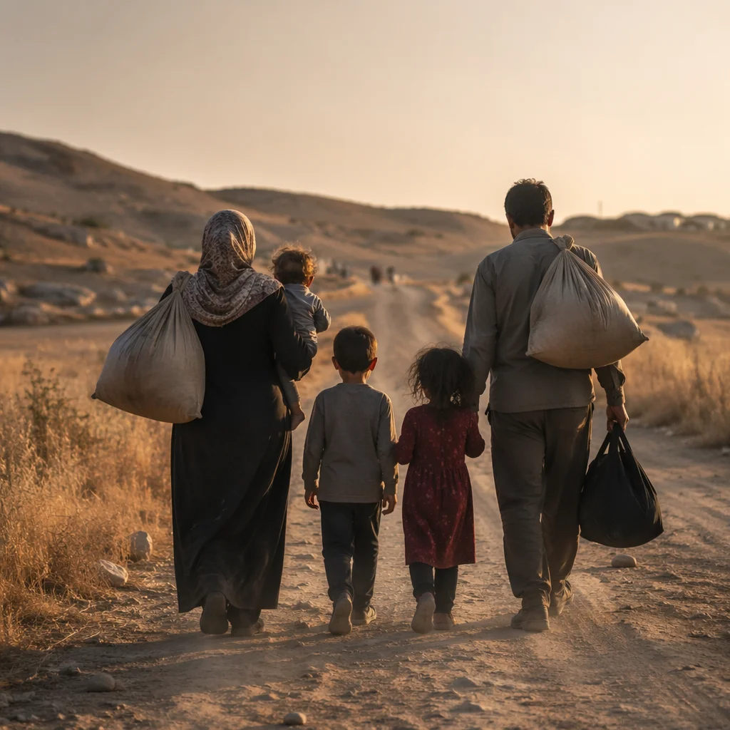 Refugee Family on Dusty Rural Road