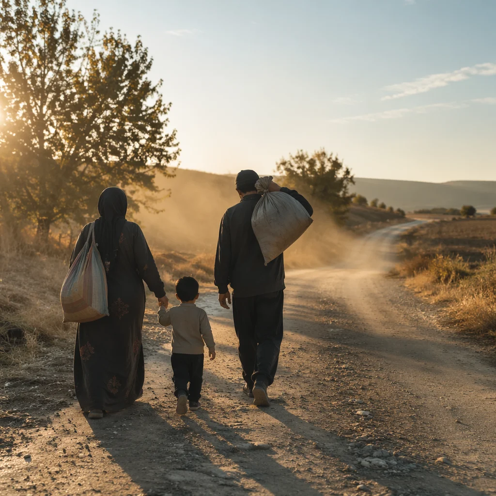 Refugee Family Journey on Dusty Road