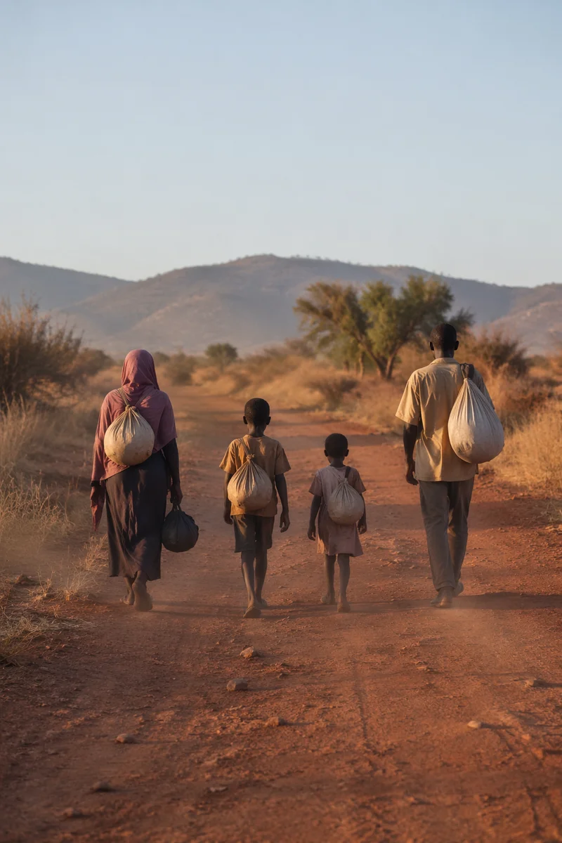 Refugee Family on Dusty Rural Road
