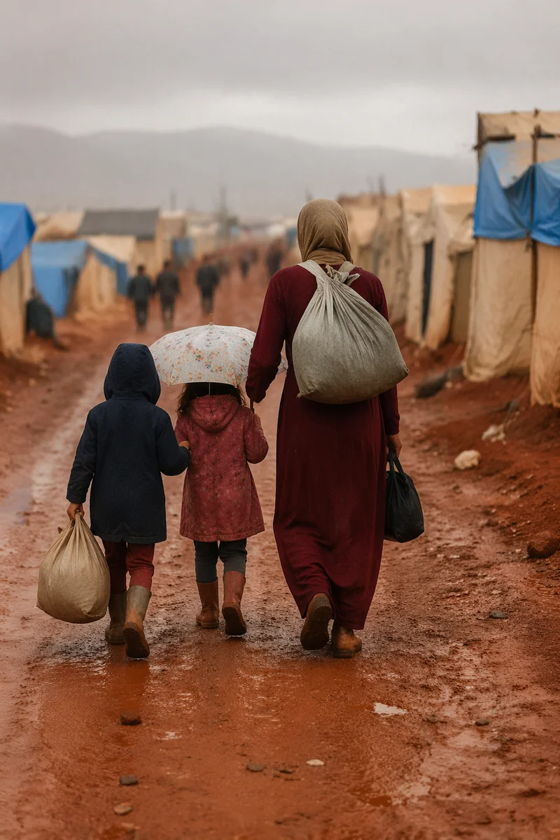 Refugee Family Walking Through Dusty Camp Road