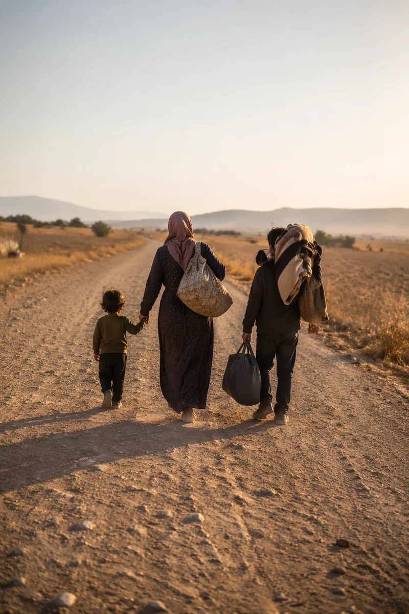 Refugee Family Walking Dusty Rural Road