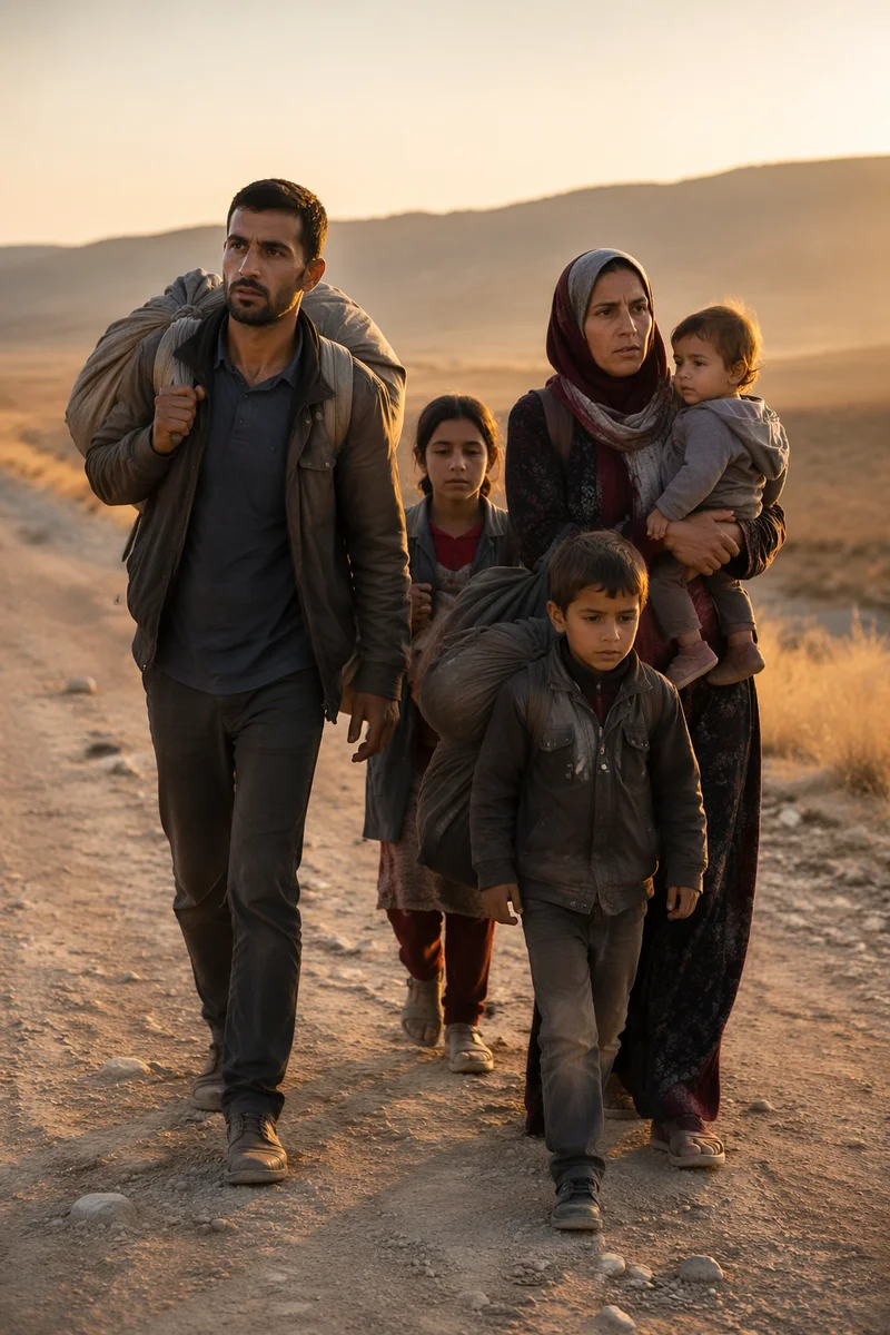 Refugee Family Walking Dusty Rural Road