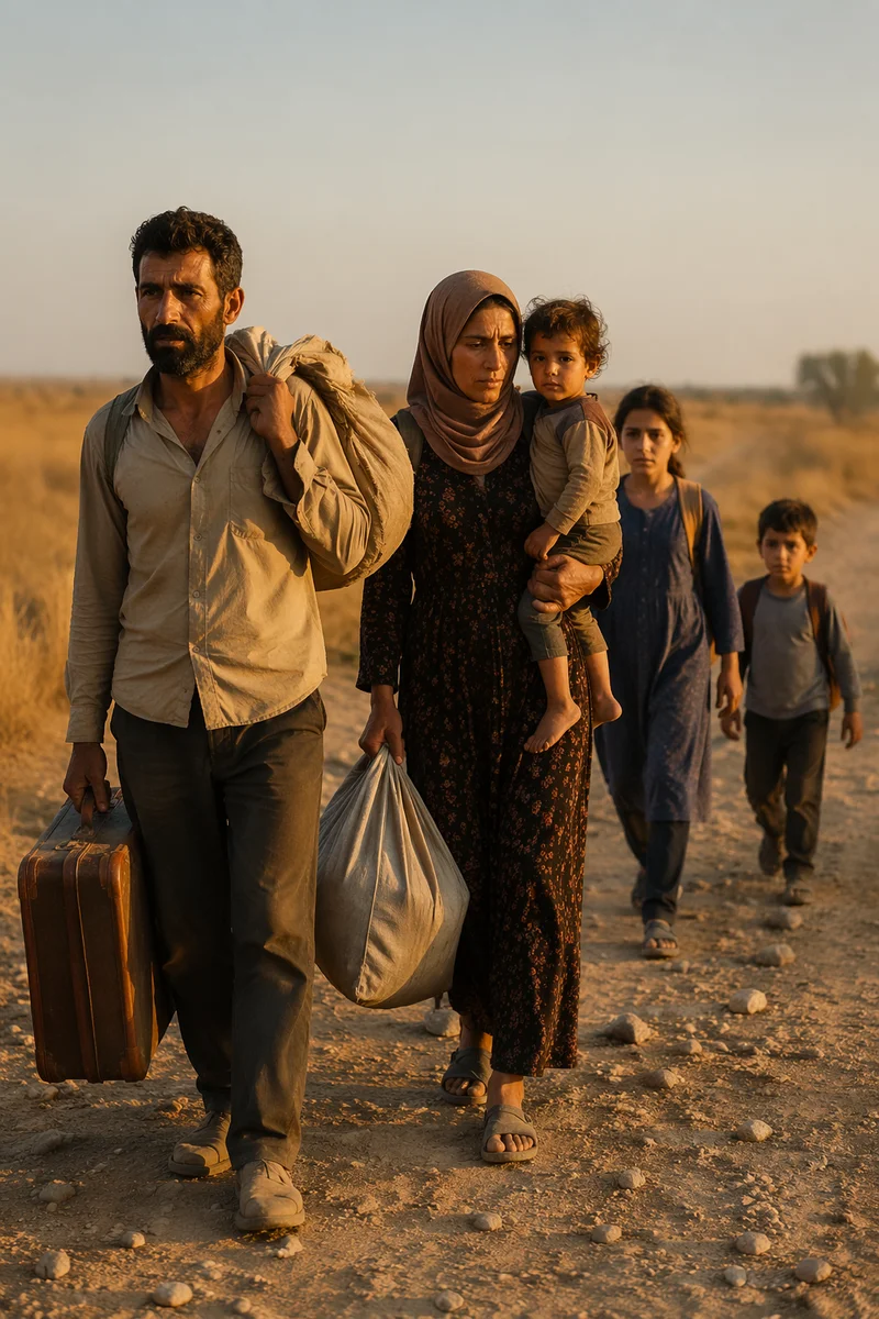 Refugee Family Walking on Dusty Road