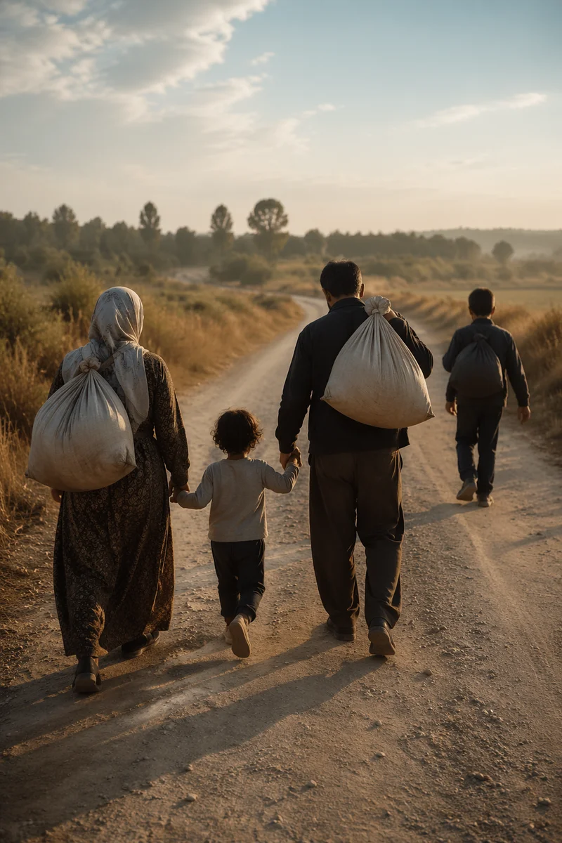 Refugee Family on Dusty Morning Road